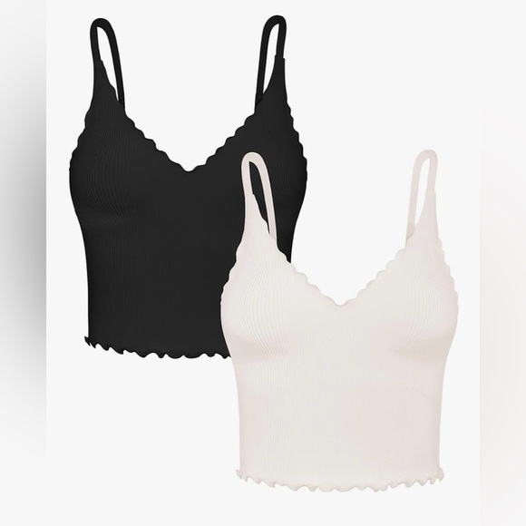 Sunzel Tops - Black and Beige Seamless Scalloped Crop Tank Tops V-Neck Ribbed Cami